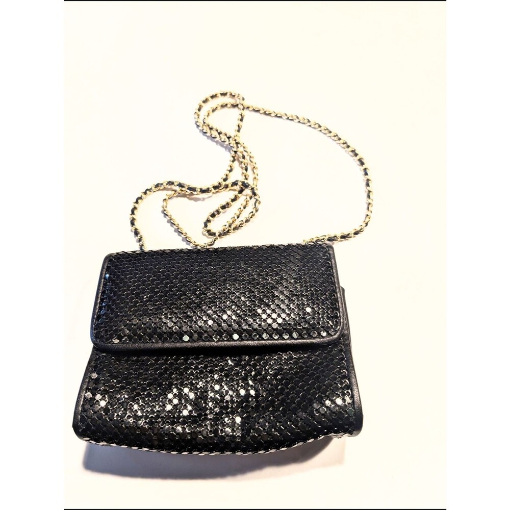 Whiting & Davis Black Sequined Crossbody with Gold Chain